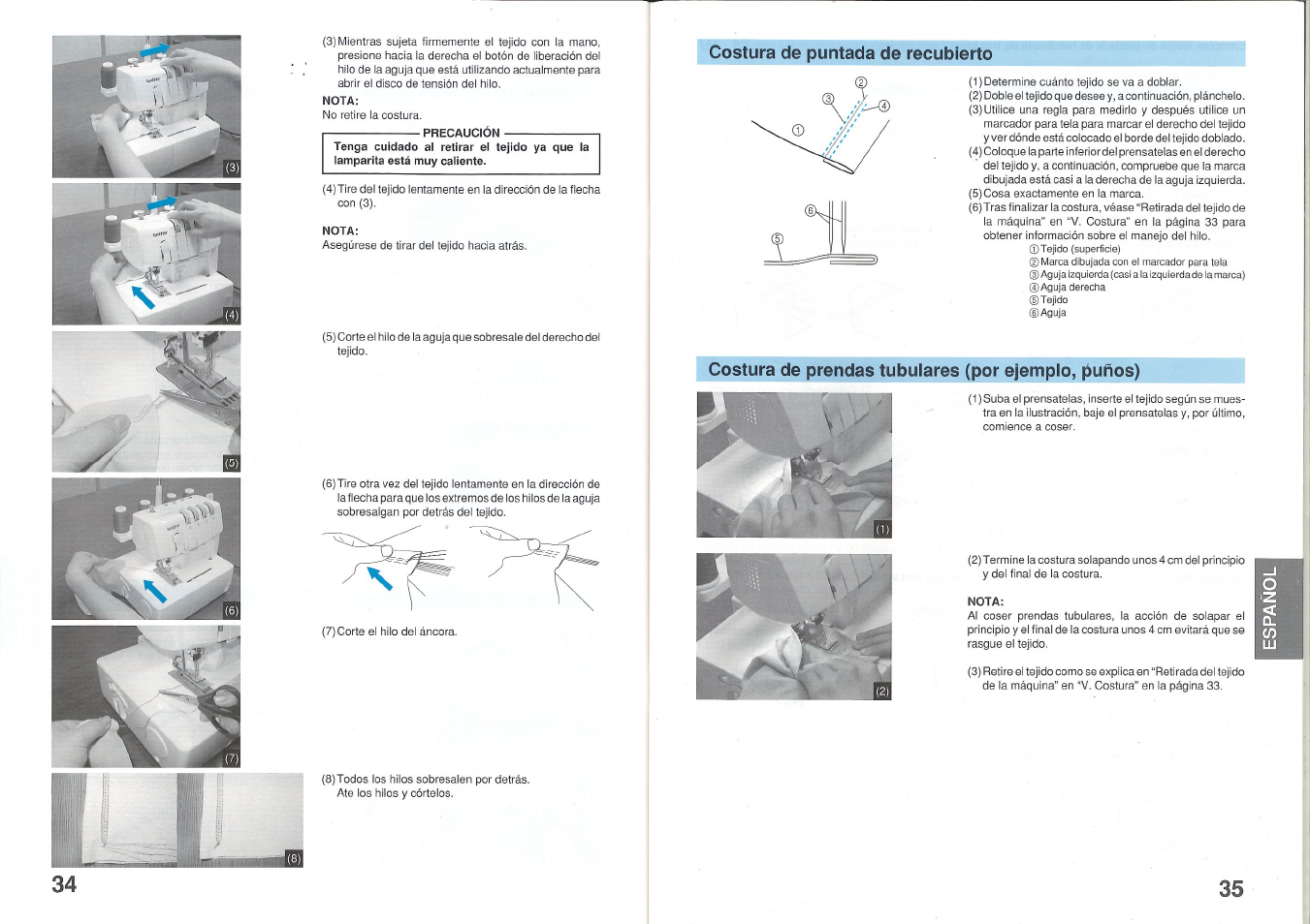 Nota, Precaución, Costura de puntada de recubierto | Costura de prendas tubulares (por ejemplo, puños) | Brother 2340CV User Manual | Page 19 / 21
