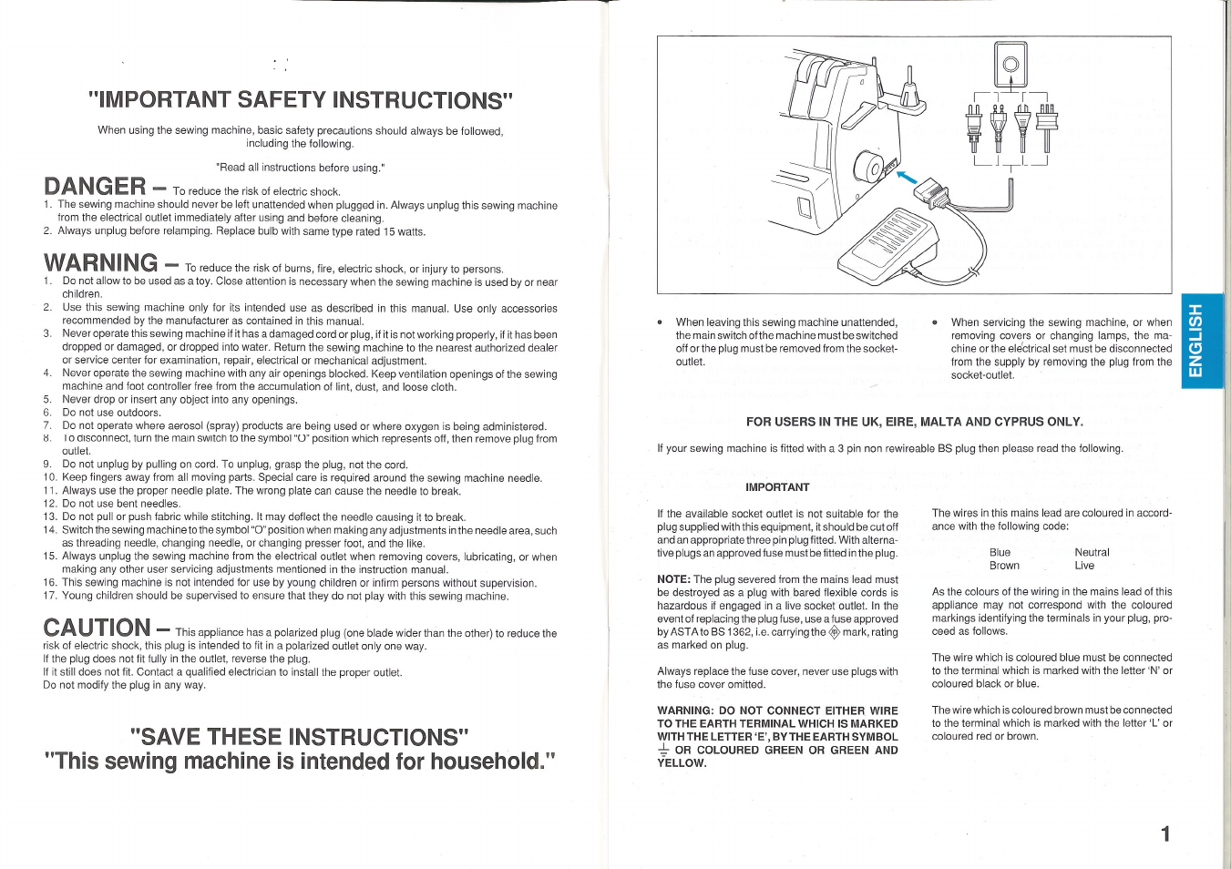 Save these instructions, This sewing machine is intended for household, Important safety instructions | Danger, Warning, Caution | Brother 2340CV User Manual | Page 2 / 21