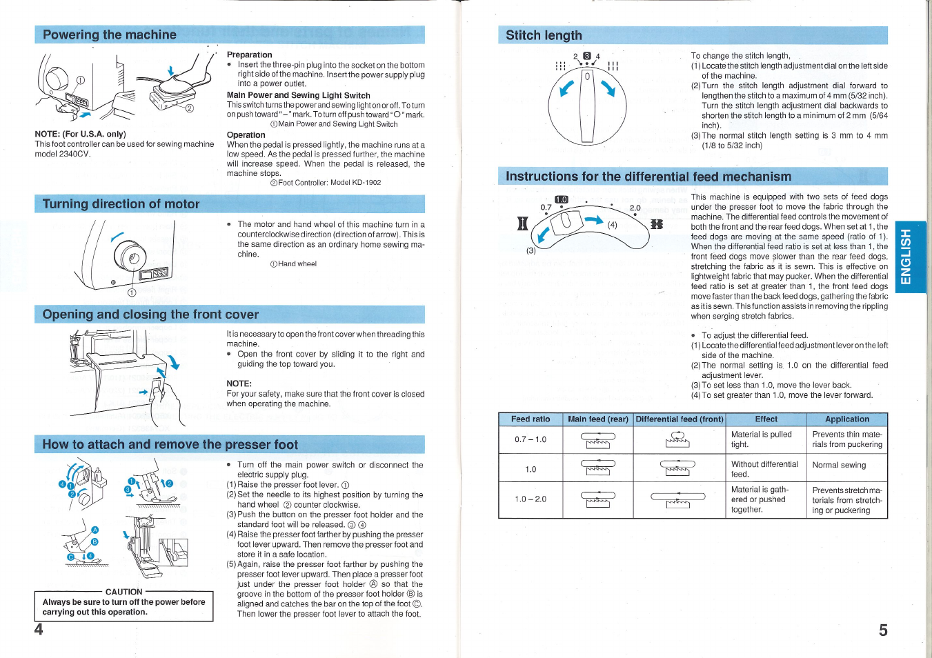 Note: (for u.s.a. only), Preparation, Note | How to attach and remove the presser foot, Feed ratio, Main feed (rear), Differentiai feed (front), Effect, Appiication, Powering the machine | Brother 2340CV User Manual | Page 4 / 21