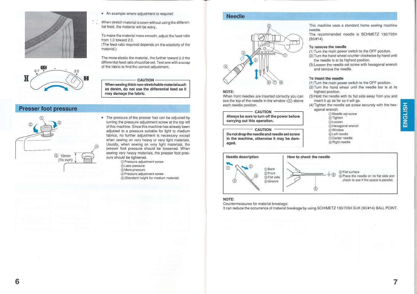 Caution, Needle, Note | To remove the needle, To insert the needle, Presser foot pressure | Brother 2340CV User Manual | Page 5 / 21
