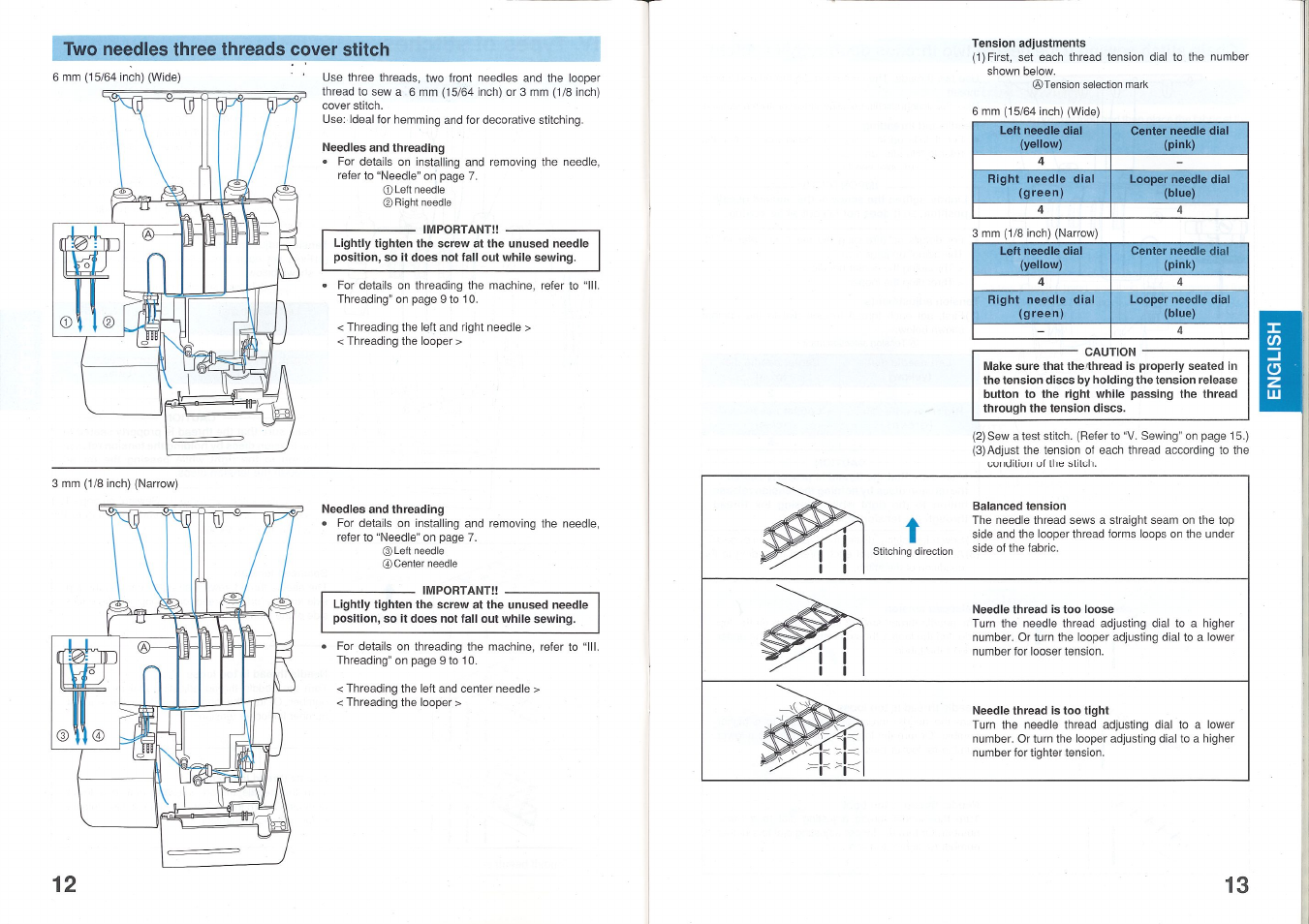 Important, Tension adjustments, Balanced tension | Needle thread is too loose, Needle thread is too tight, Two needles three threads cover stitch | Brother 2340CV User Manual | Page 8 / 21