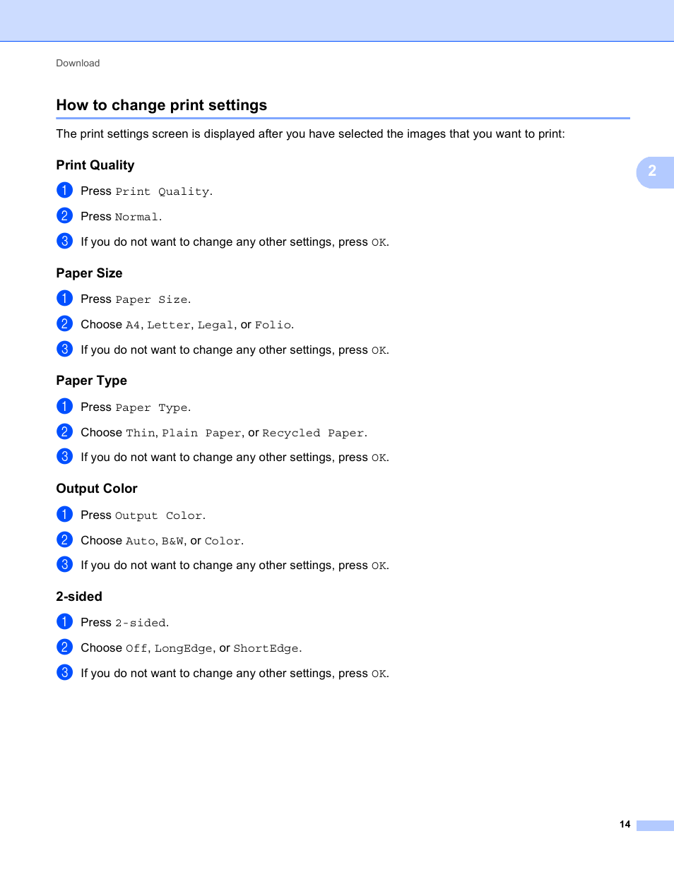 How to change print settings, Print quality, Paper size | Paper type, Output color, Sided, 2how to change print settings | Brother MFC-9330CDW User Manual | Page 17 / 25