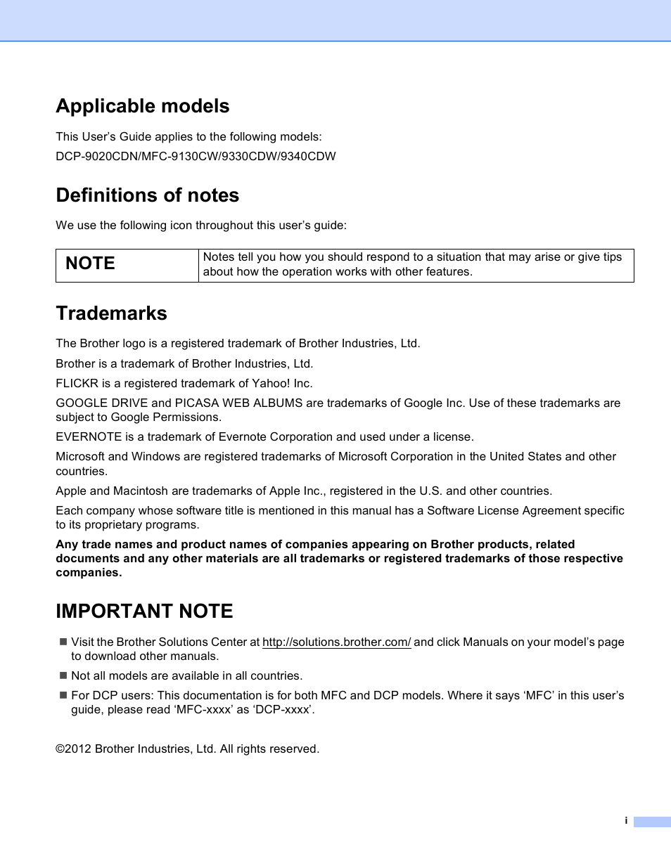 Applicable models, Definitions of notes, Trademarks | Important note | Brother MFC-9330CDW User Manual | Page 2 / 25