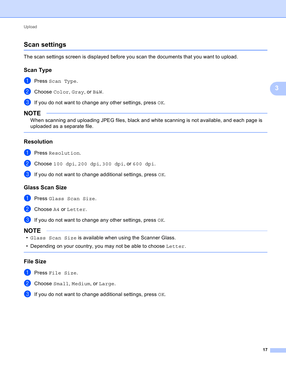 Scan settings, Scan type, Resolution | Glass scan size, File size, 3scan settings | Brother MFC-9330CDW User Manual | Page 20 / 25