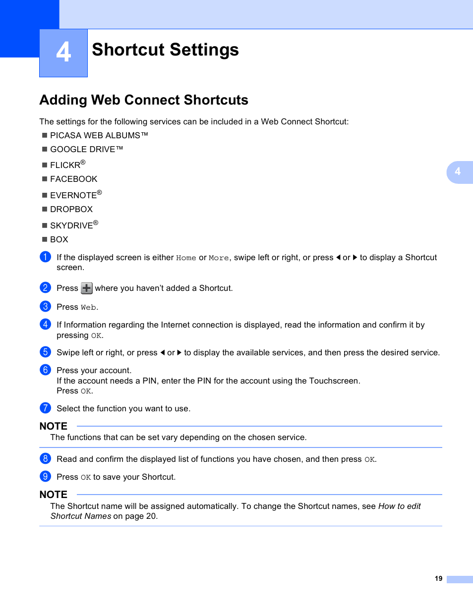 4 shortcut settings, Adding web connect shortcuts, Shortcut settings | Brother MFC-9330CDW User Manual | Page 22 / 25