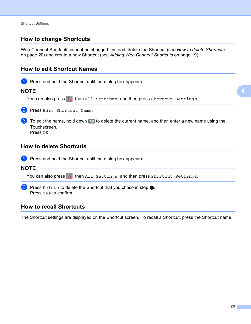 How to change shortcuts, How to edit shortcut names, How to delete shortcuts | How to recall shortcuts, 4how to change shortcuts | Brother MFC-9330CDW User Manual | Page 23 / 25