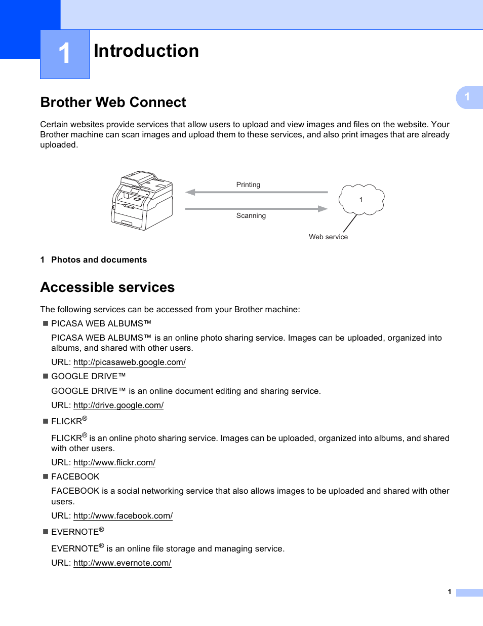 1 introduction, Brother web connect, Accessible services | Introduction, Brother web connect accessible services | Brother MFC-9330CDW User Manual | Page 4 / 25