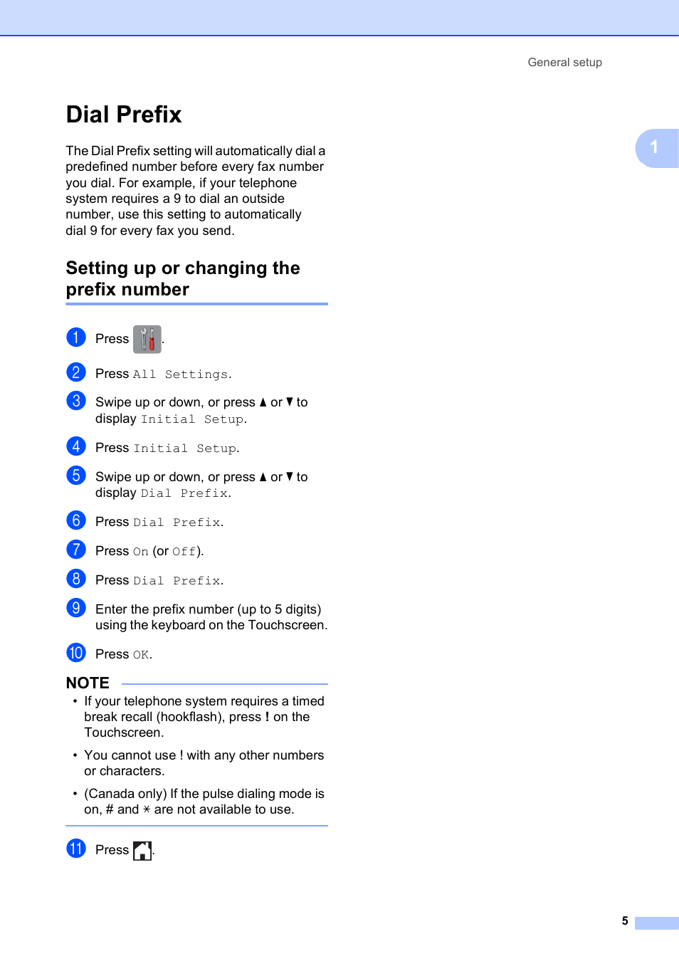 Dial prefix, Setting up or changing the prefix number | Brother MFC-J4510DW User Manual | Page 11 / 99