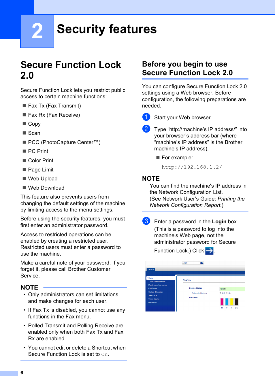 2 security features, Secure function lock 2.0, Before you begin to use secure function lock 2.0 | Security features | Brother MFC-J4510DW User Manual | Page 12 / 99