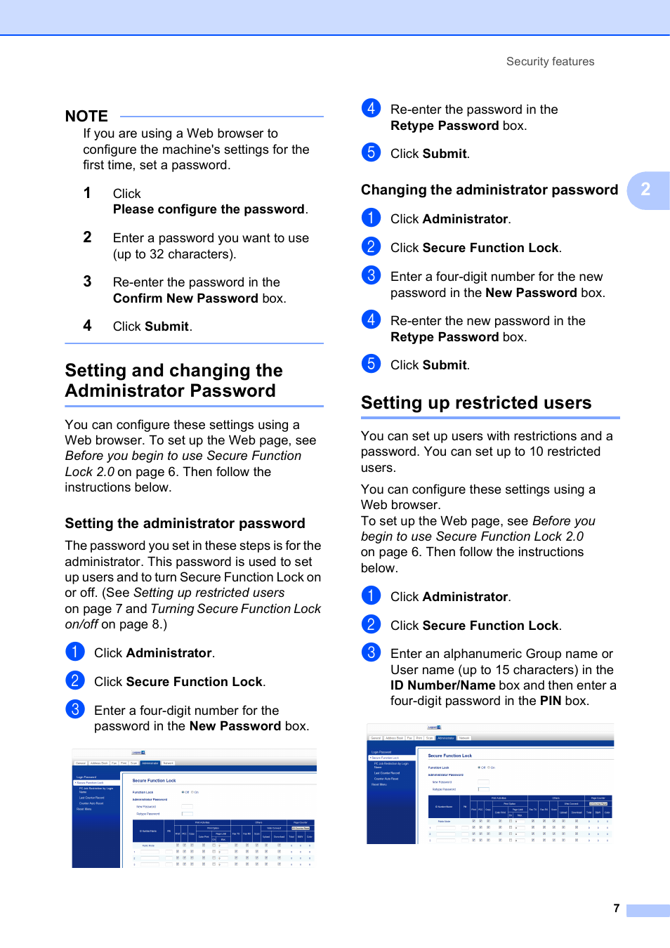 Setting and changing the administrator password, Setting the administrator password, Changing the administrator password | Setting up restricted users | Brother MFC-J4510DW User Manual | Page 13 / 99