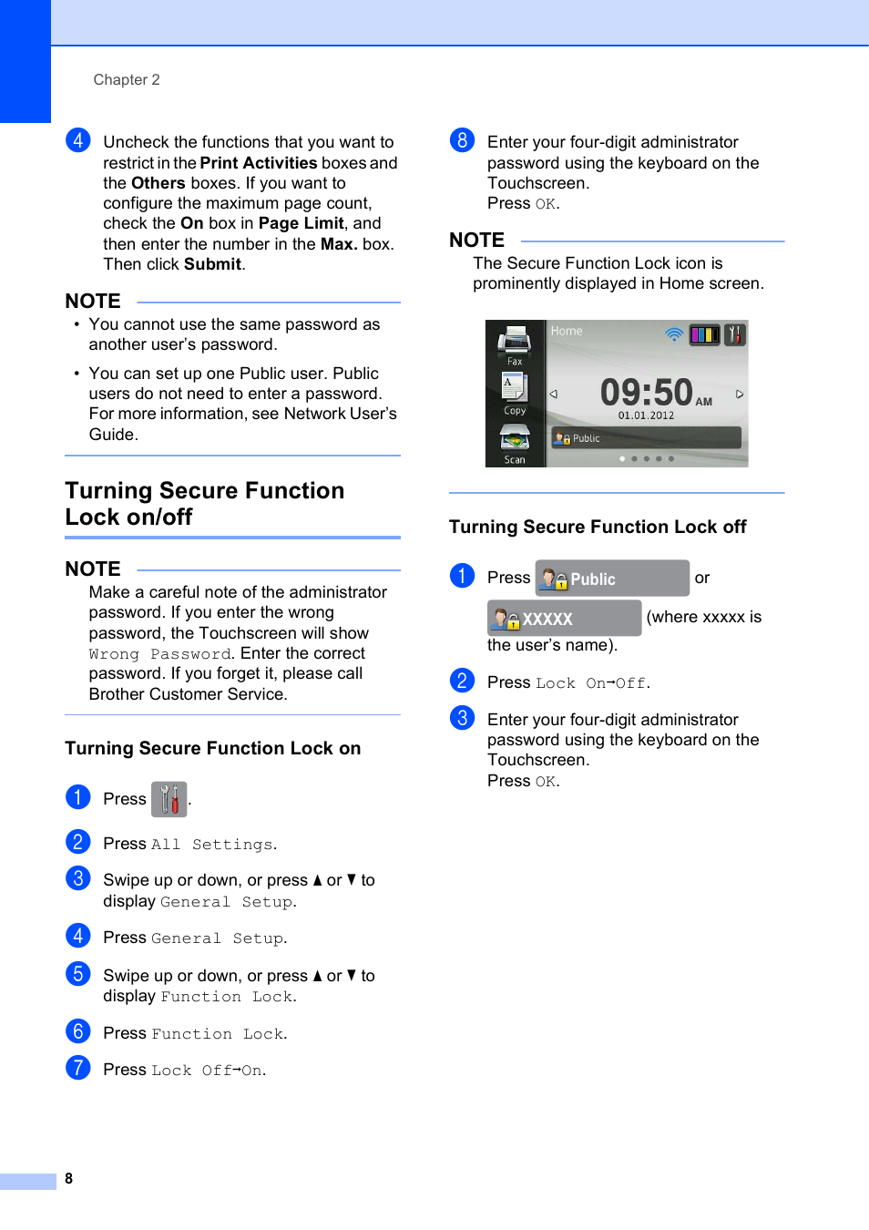 Turning secure function lock on/off, Turning secure function lock on, Turning secure function lock off | Brother MFC-J4510DW User Manual | Page 14 / 99