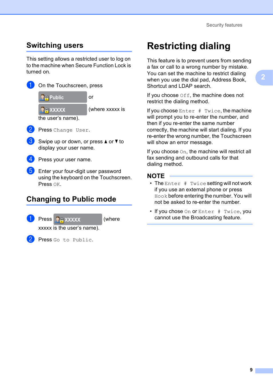 Switching users, Changing to public mode, Restricting dialing | Switching users changing to public mode, 2switching users | Brother MFC-J4510DW User Manual | Page 15 / 99