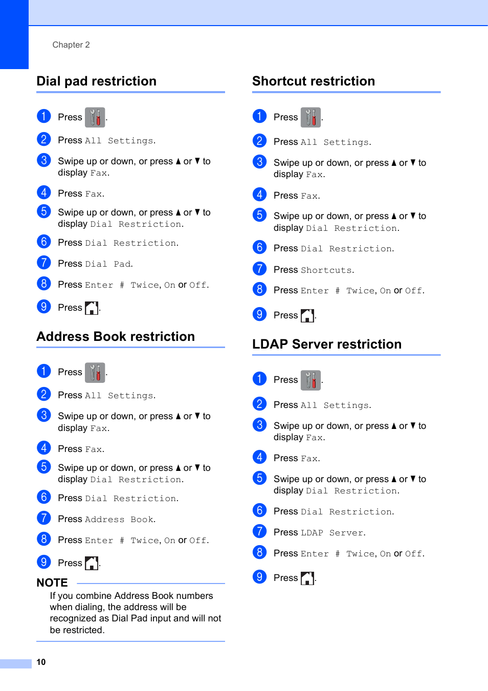 Dial pad restriction, Address book restriction, Shortcut restriction | Ldap server restriction | Brother MFC-J4510DW User Manual | Page 16 / 99