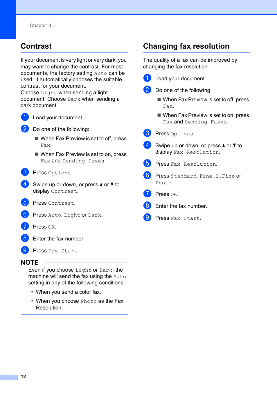 Contrast, Changing fax resolution, Contrast changing fax resolution | Brother MFC-J4510DW User Manual | Page 18 / 99