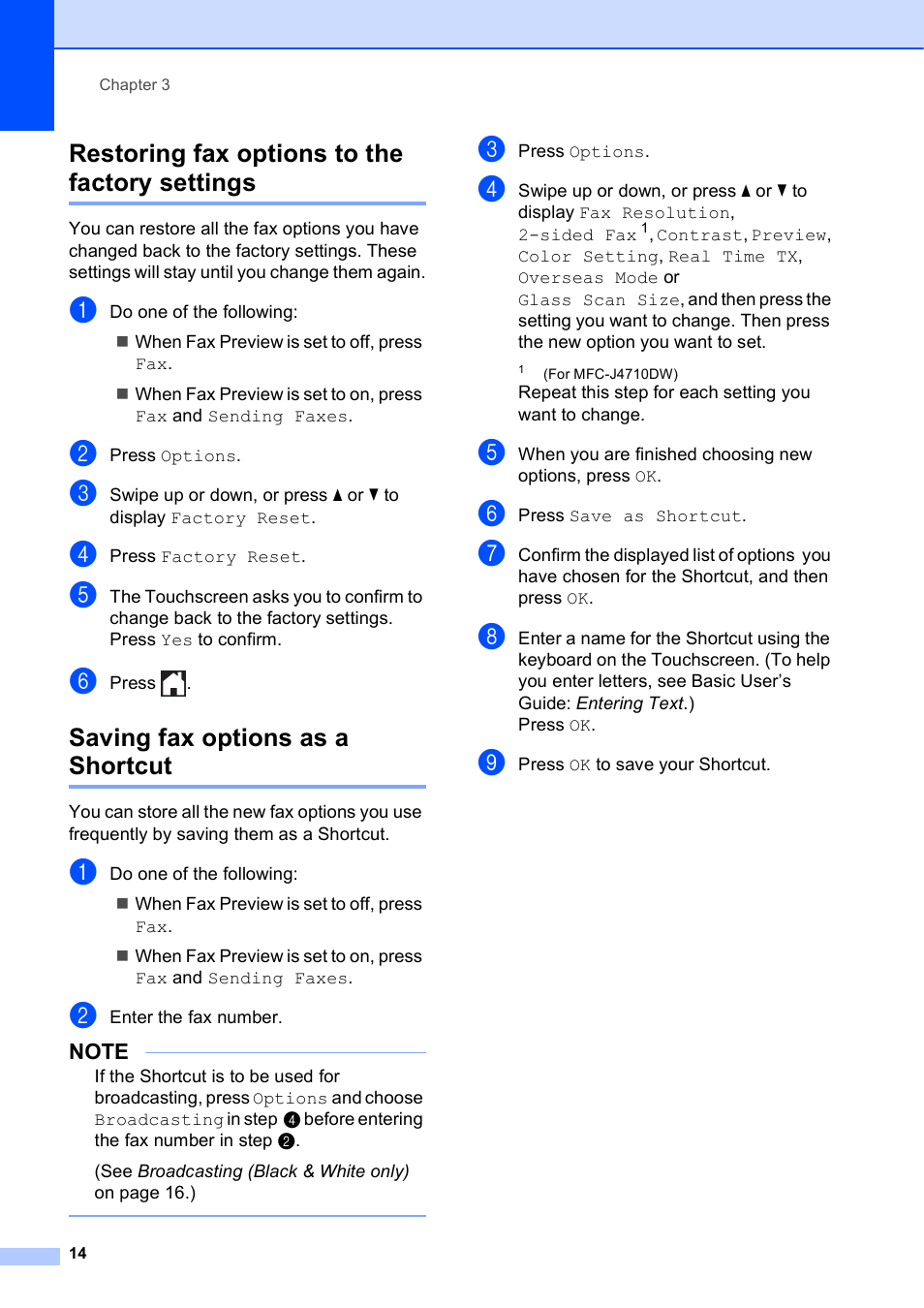 Restoring fax options to the factory settings, Saving fax options as a shortcut | Brother MFC-J4510DW User Manual | Page 20 / 99