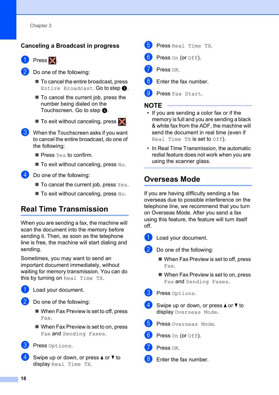 Canceling a broadcast in progress, Real time transmission, Overseas mode | Real time transmission overseas mode | Brother MFC-J4510DW User Manual | Page 24 / 99