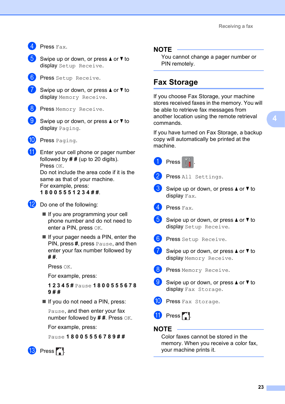 Fax storage | Brother MFC-J4510DW User Manual | Page 29 / 99
