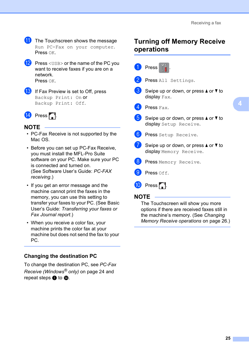 Changing the destination pc, Turning off memory receive operations | Brother MFC-J4510DW User Manual | Page 31 / 99