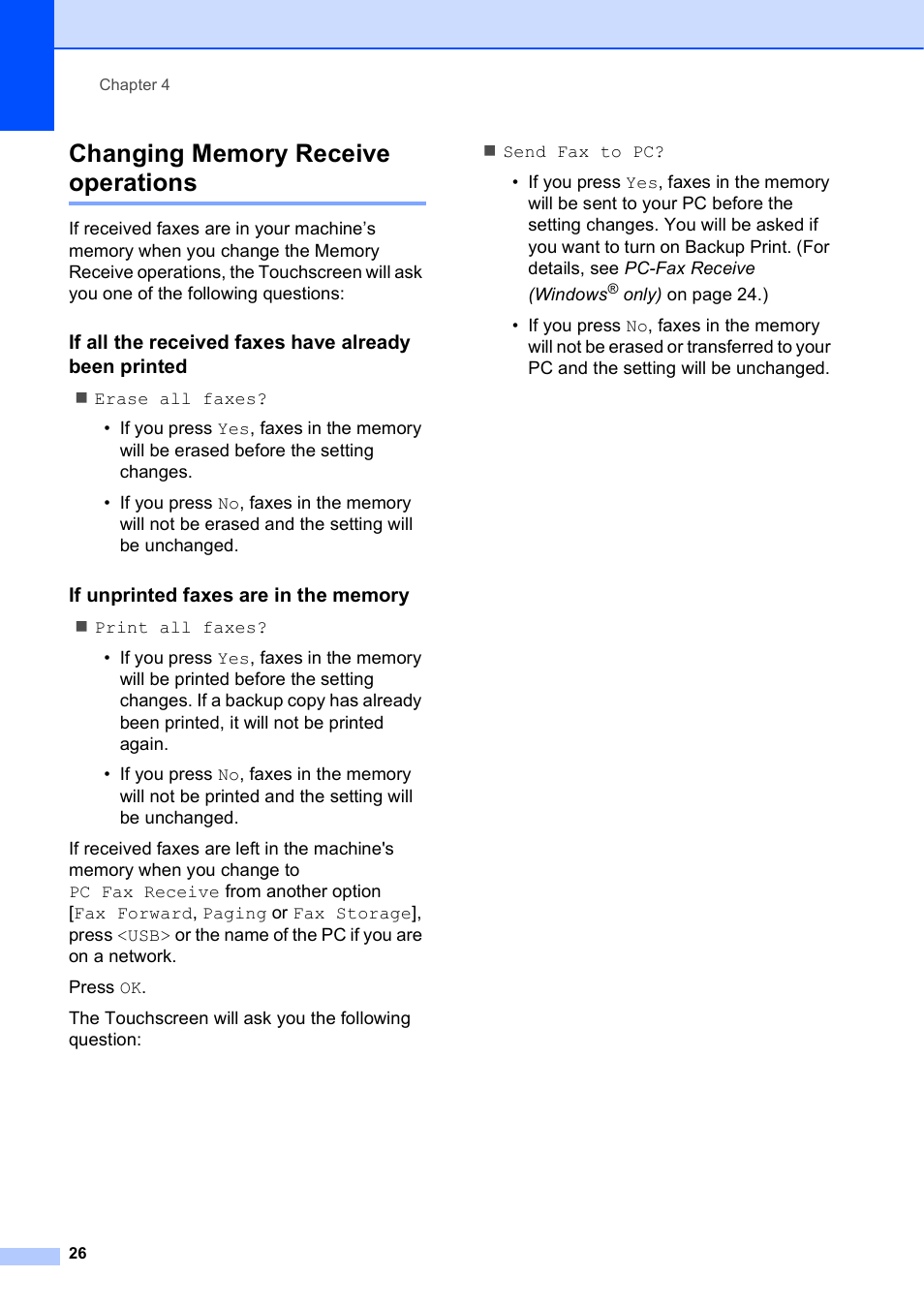 Changing memory receive operations, If unprinted faxes are in the memory | Brother MFC-J4510DW User Manual | Page 32 / 99