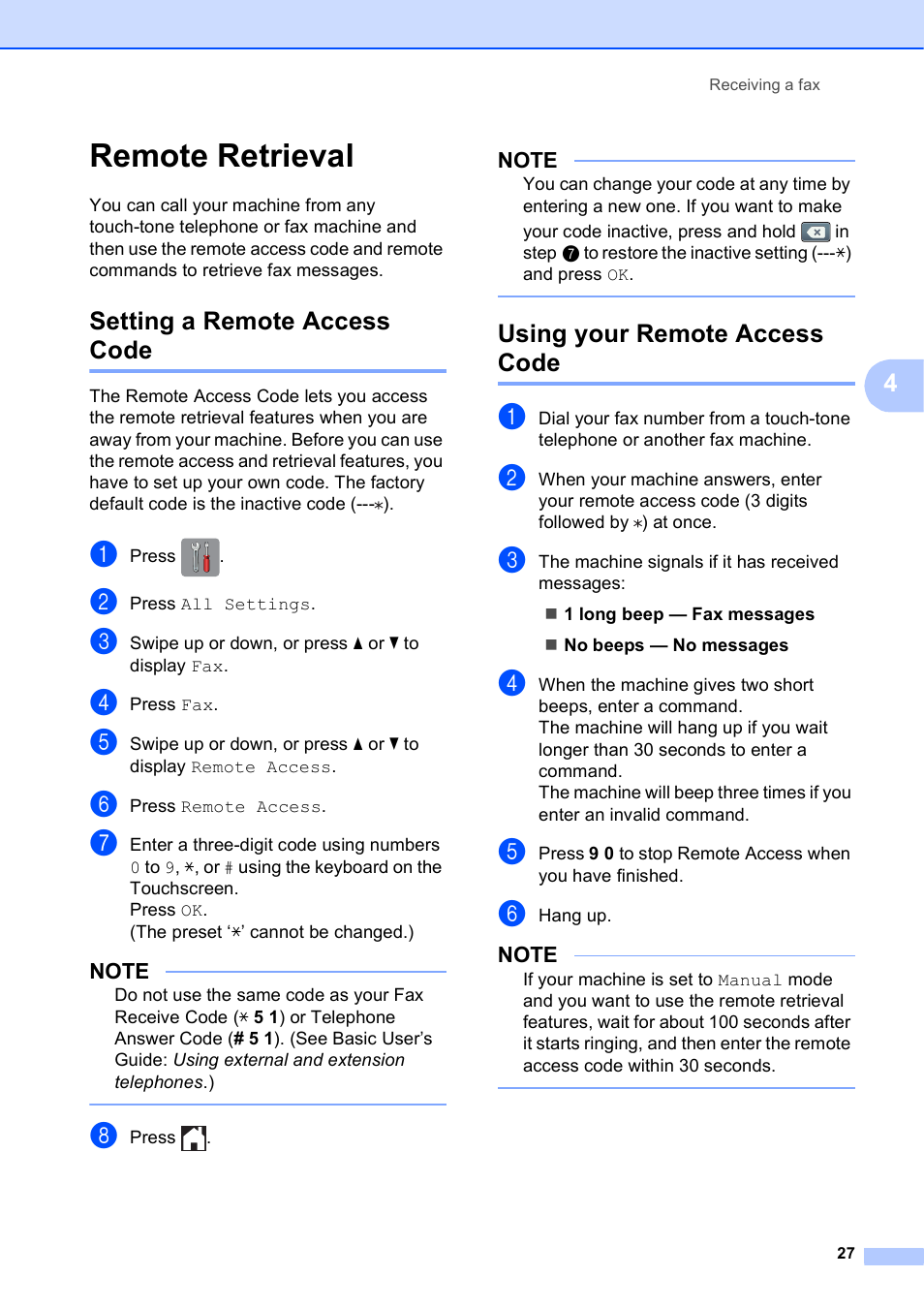 Remote retrieval, Setting a remote access code, Using your remote access code | Brother MFC-J4510DW User Manual | Page 33 / 99