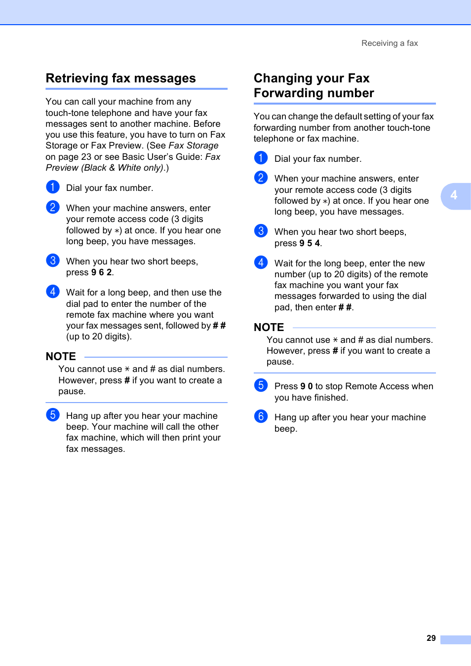 Retrieving fax messages, Changing your fax forwarding number, 4retrieving fax messages | Brother MFC-J4510DW User Manual | Page 35 / 99