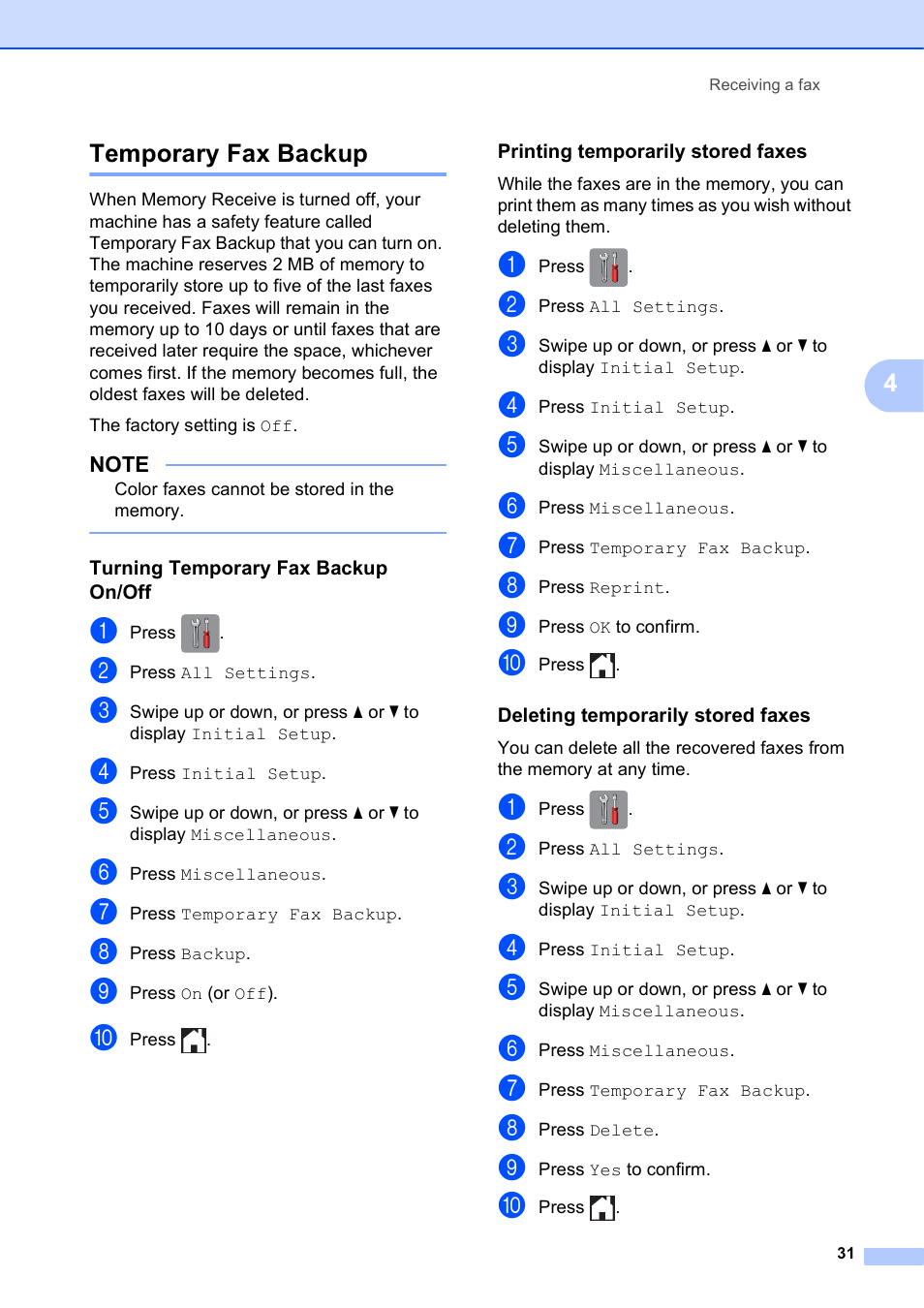 Temporary fax backup, Turning temporary fax backup on/off, Printing temporarily stored faxes | Deleting temporarily stored faxes, 4temporary fax backup | Brother MFC-J4510DW User Manual | Page 37 / 99