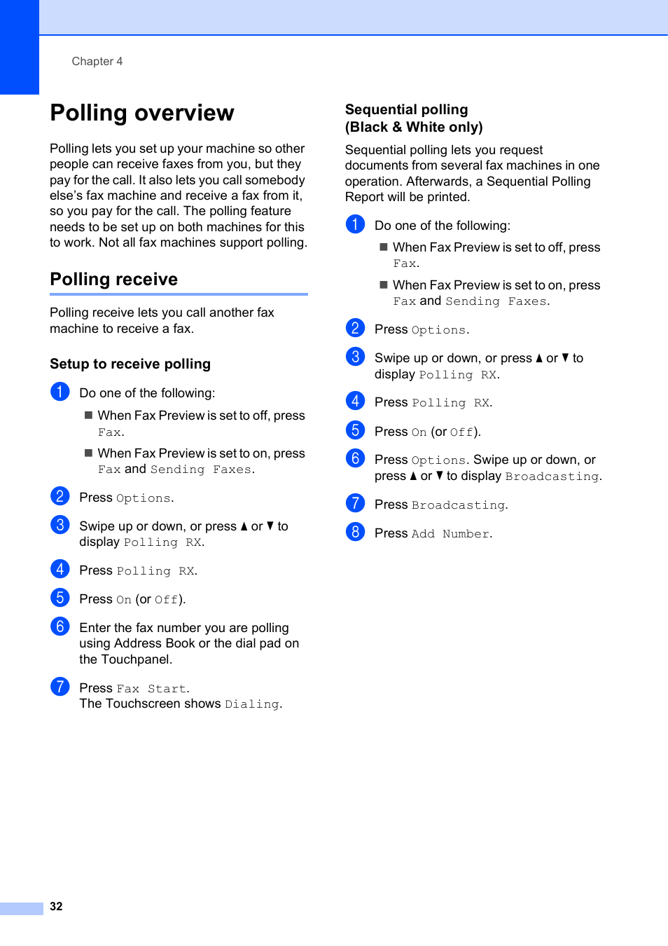 Polling overview, Polling receive, Setup to receive polling | Sequential polling (black & white only) | Brother MFC-J4510DW User Manual | Page 38 / 99