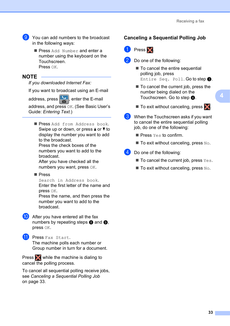 Canceling a sequential polling job | Brother MFC-J4510DW User Manual | Page 39 / 99