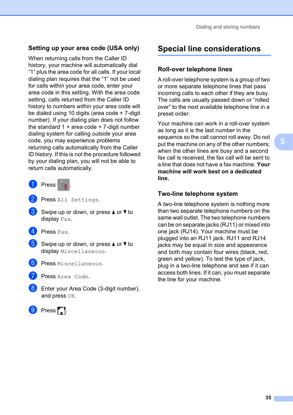 Setting up your area code (usa only), Special line considerations, Roll-over telephone lines | Two-line telephone system | Brother MFC-J4510DW User Manual | Page 41 / 99