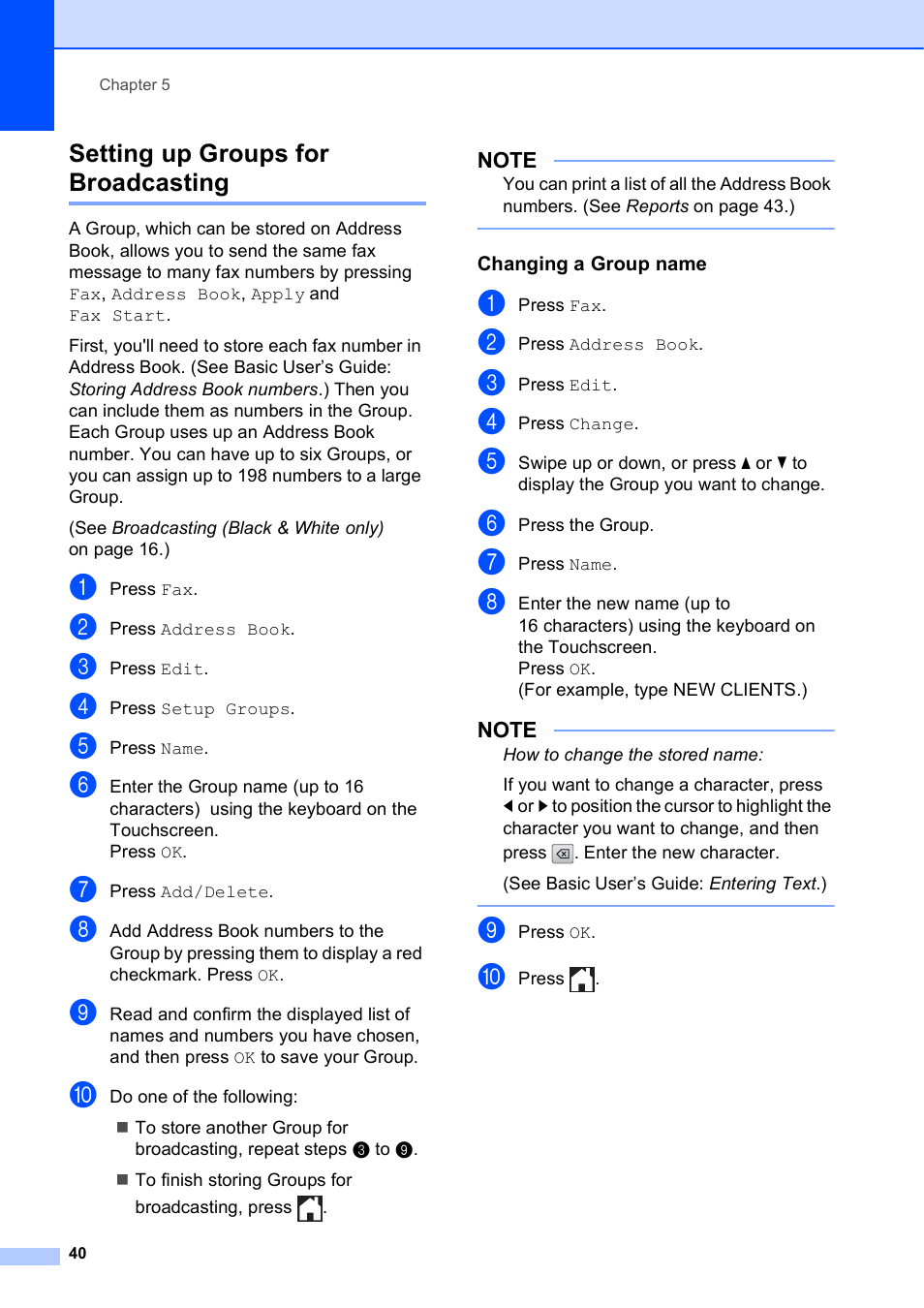 Setting up groups for broadcasting, Changing a group name | Brother MFC-J4510DW User Manual | Page 46 / 99