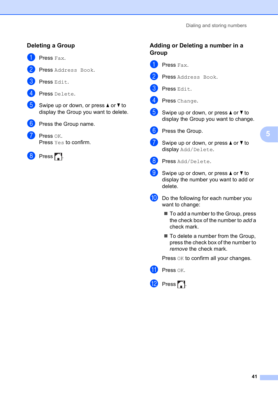 Deleting a group, Adding or deleting a number in a group | Brother MFC-J4510DW User Manual | Page 47 / 99