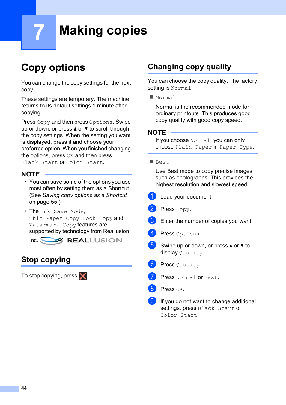 7 making copies, Copy options, Stop copying | Changing copy quality, Making copies, Stop copying changing copy quality | Brother MFC-J4510DW User Manual | Page 50 / 99
