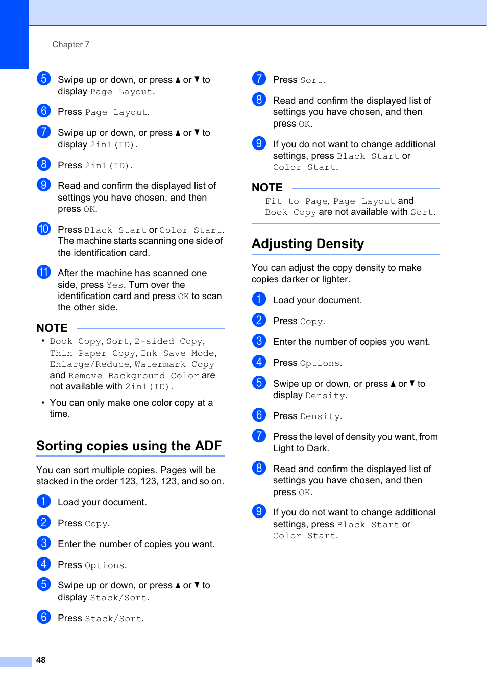 Sorting copies using the adf, Adjusting density, Sorting copies using the adf adjusting density | Brother MFC-J4510DW User Manual | Page 54 / 99