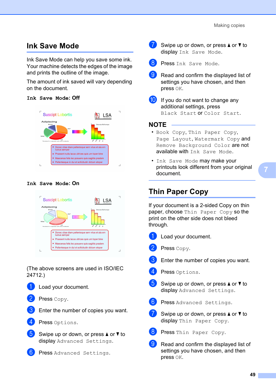 Ink save mode, Thin paper copy, Ink save mode thin paper copy | 7ink save mode | Brother MFC-J4510DW User Manual | Page 55 / 99