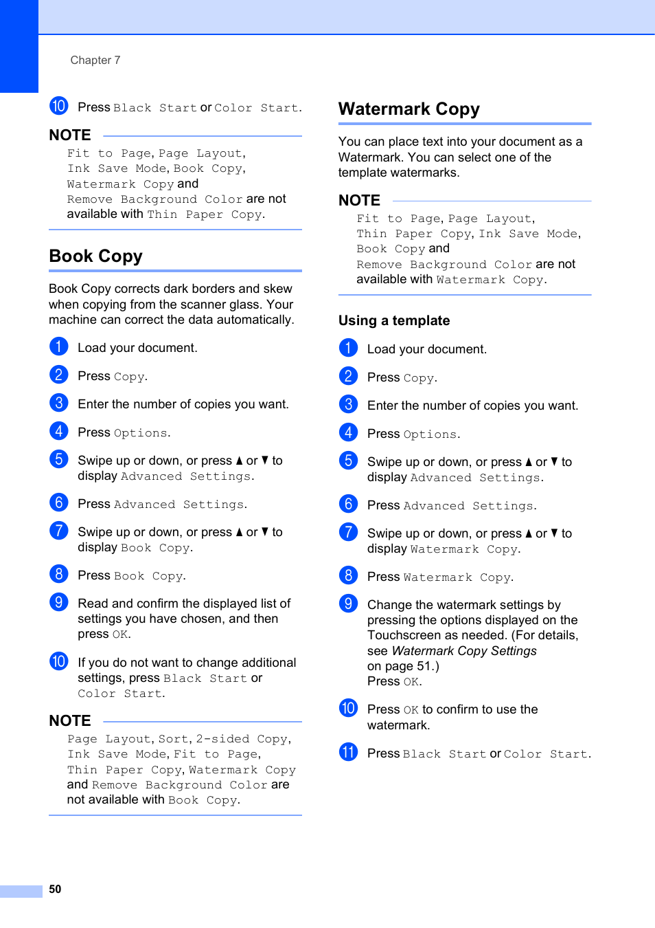 Book copy, Watermark copy, Using a template | Book copy watermark copy | Brother MFC-J4510DW User Manual | Page 56 / 99