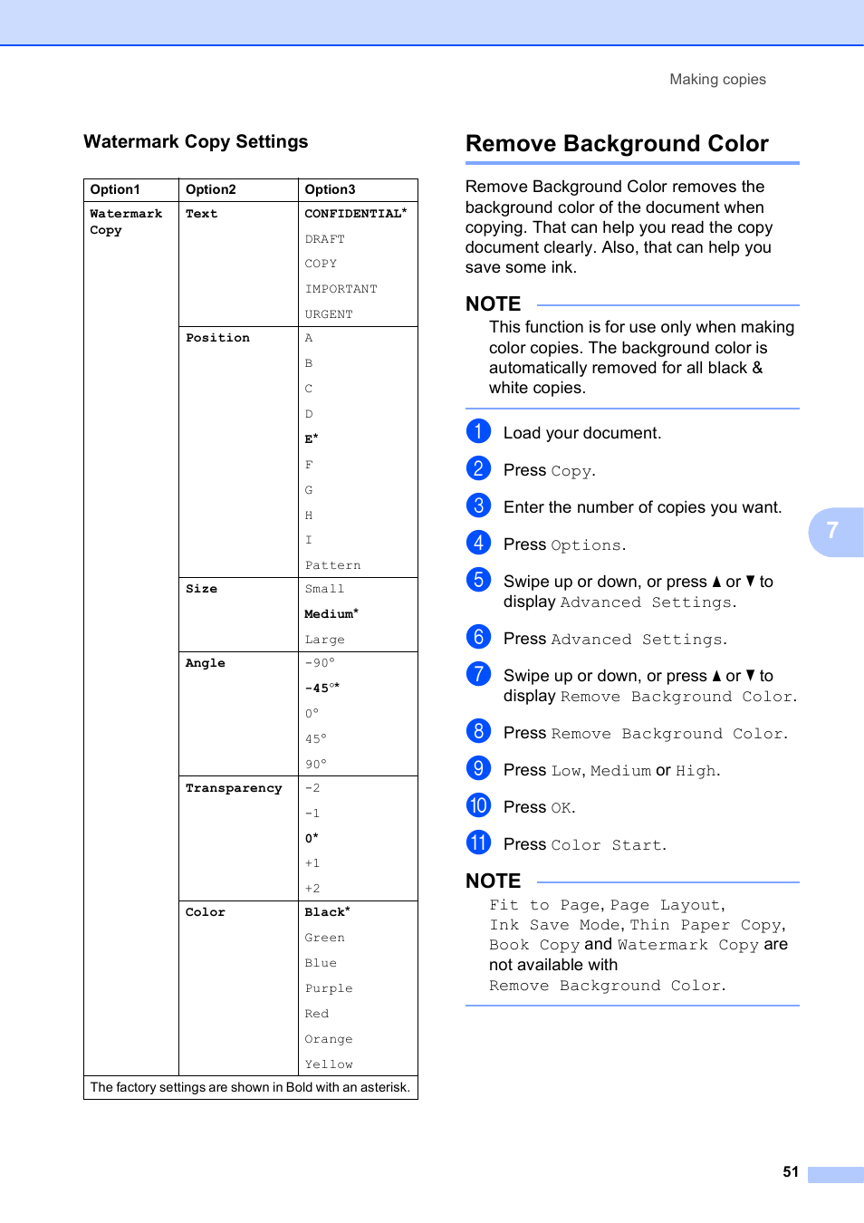 Watermark copy settings, Remove background color | Brother MFC-J4510DW User Manual | Page 57 / 99
