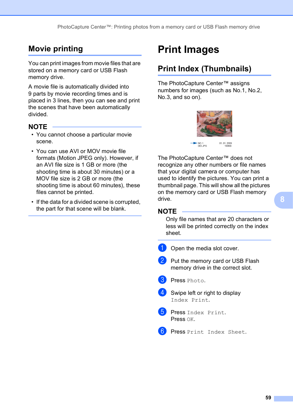 Movie printing, Print images, Print index (thumbnails) | 8movie printing | Brother MFC-J4510DW User Manual | Page 65 / 99