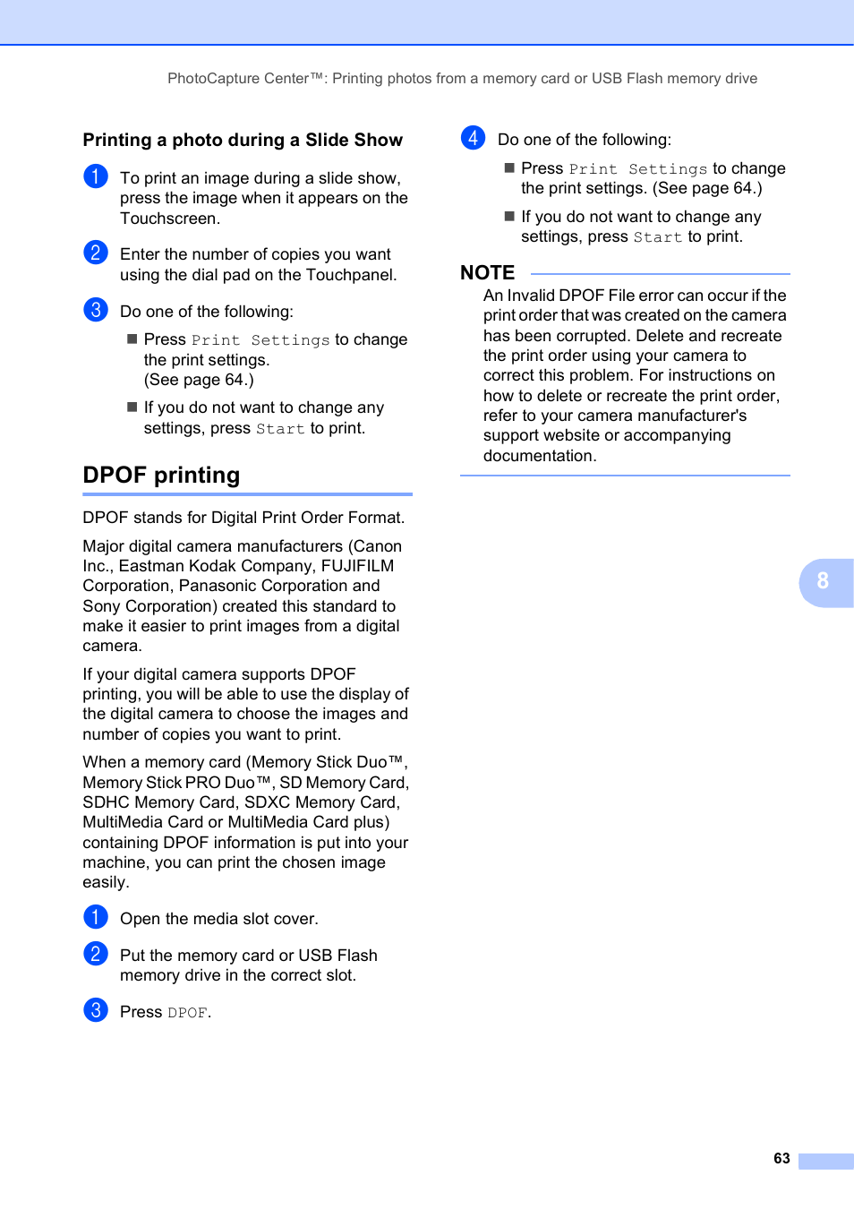 Printing a photo during a slide show, Dpof printing | Brother MFC-J4510DW User Manual | Page 69 / 99