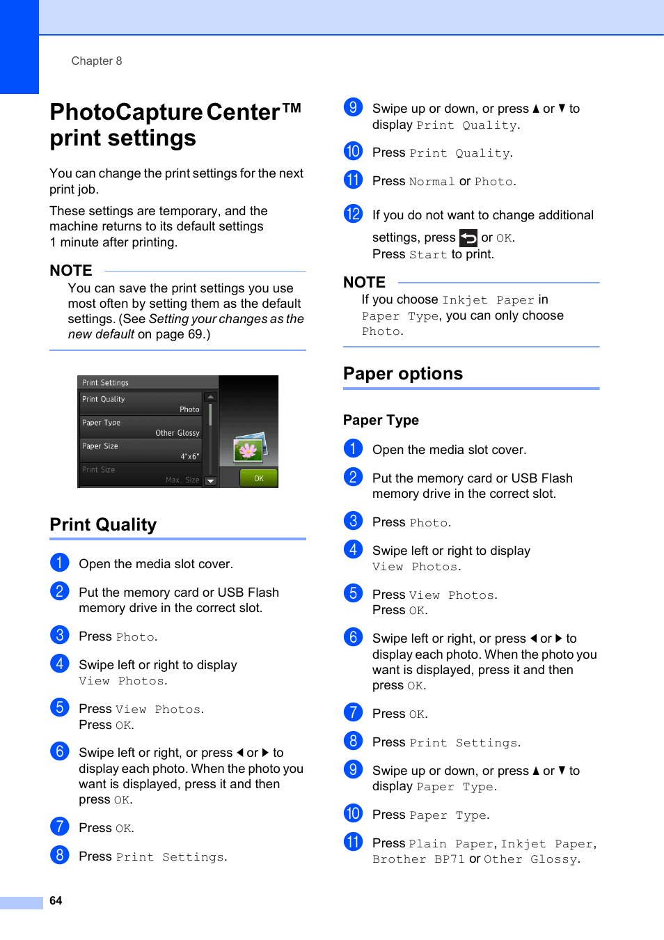 Photocapture center™ print settings, Print quality, Paper options | Paper type, Print quality paper options | Brother MFC-J4510DW User Manual | Page 70 / 99