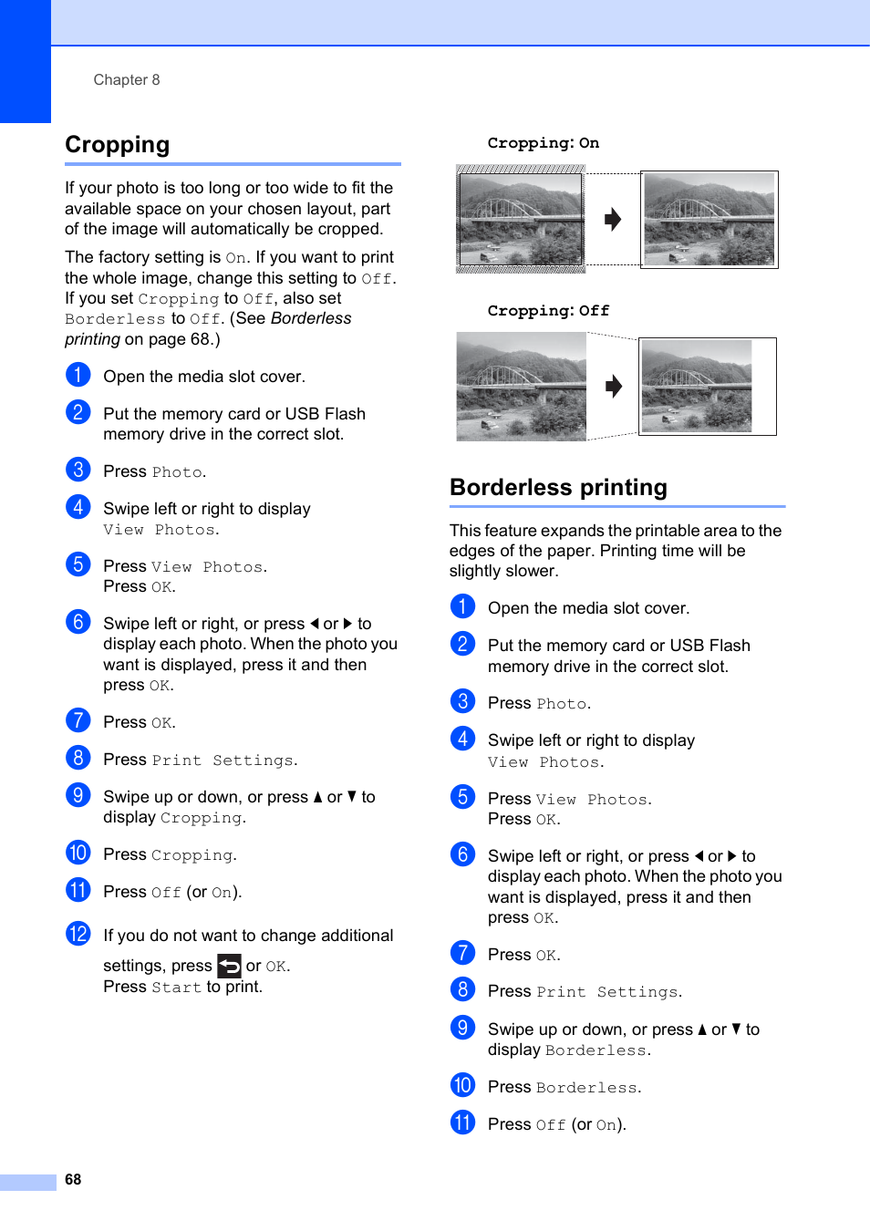 Cropping, Borderless printing, Cropping borderless printing | Brother MFC-J4510DW User Manual | Page 74 / 99