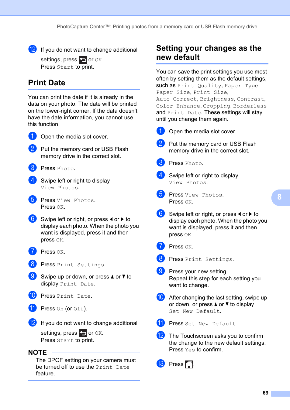 Print date, Setting your changes as the new default, Print date setting your changes as the new default | Brother MFC-J4510DW User Manual | Page 75 / 99