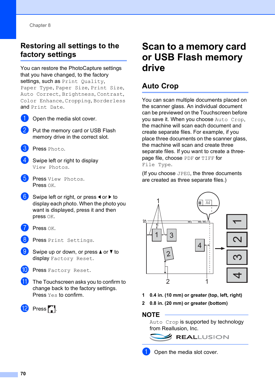 Restoring all settings to the factory settings, Scan to a memory card or usb flash memory drive, Auto crop | Brother MFC-J4510DW User Manual | Page 76 / 99