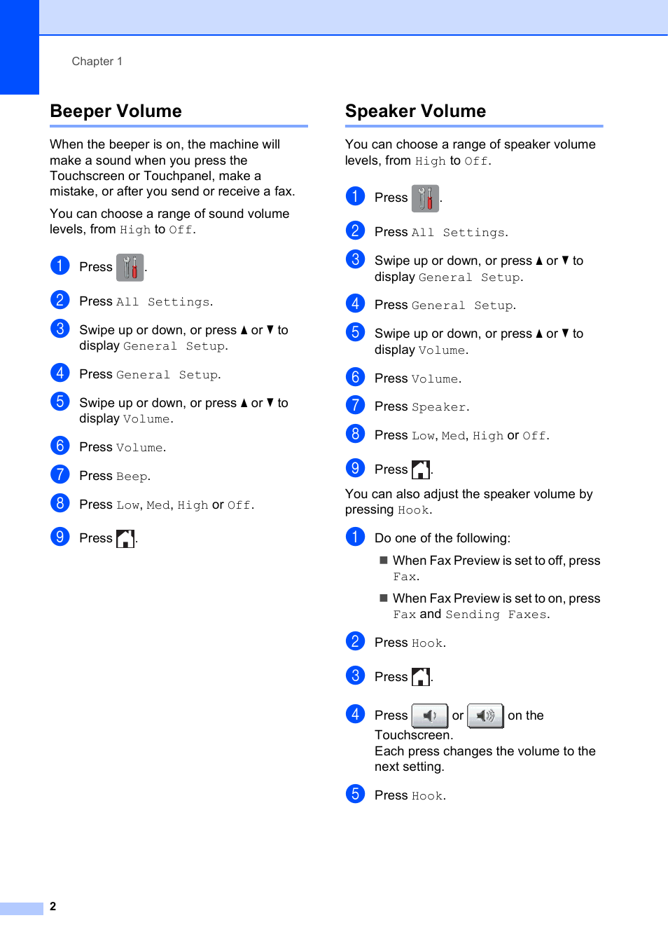 Beeper volume, Speaker volume, Beeper volume speaker volume | Brother MFC-J4510DW User Manual | Page 8 / 99