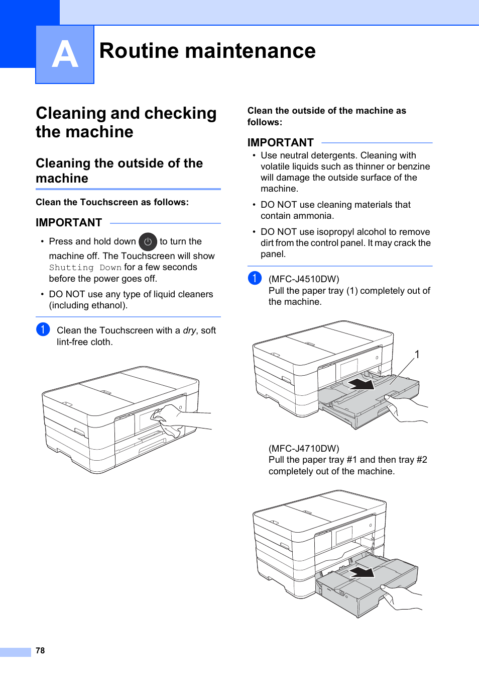 A routine maintenance, Cleaning and checking the machine, Cleaning the outside of the machine | Routine maintenance | Brother MFC-J4510DW User Manual | Page 84 / 99