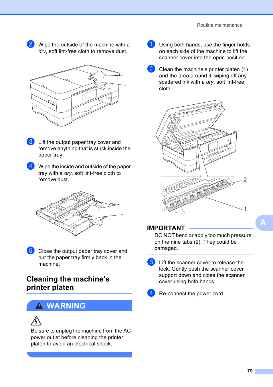 Cleaning the machine’s printer platen, Warning, Important | Brother MFC-J4510DW User Manual | Page 85 / 99
