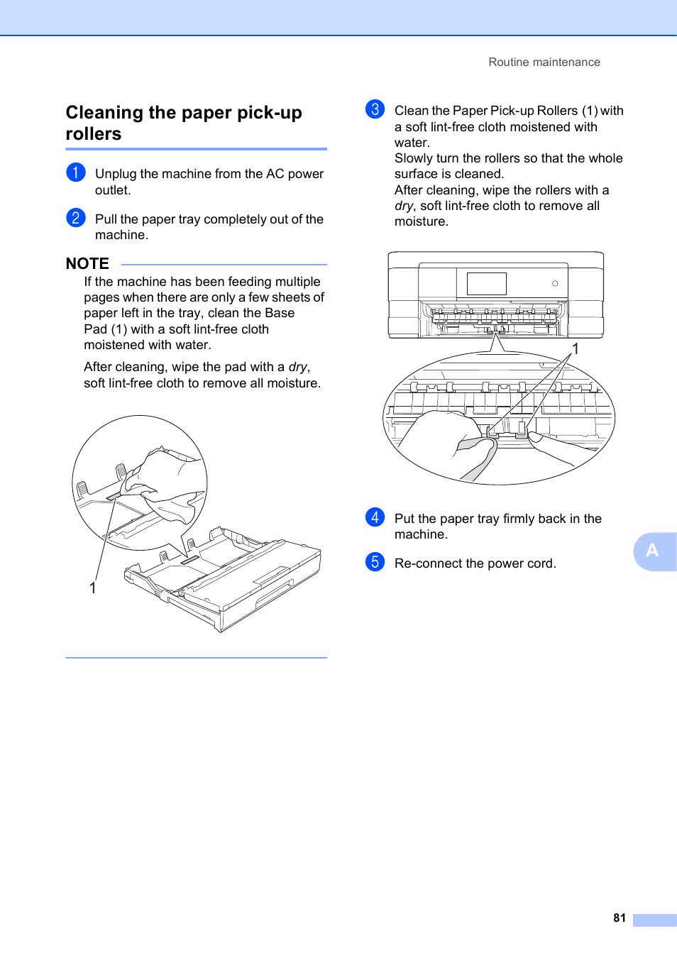 Cleaning the paper pick-up rollers, Acleaning the paper pick-up rollers | Brother MFC-J4510DW User Manual | Page 87 / 99