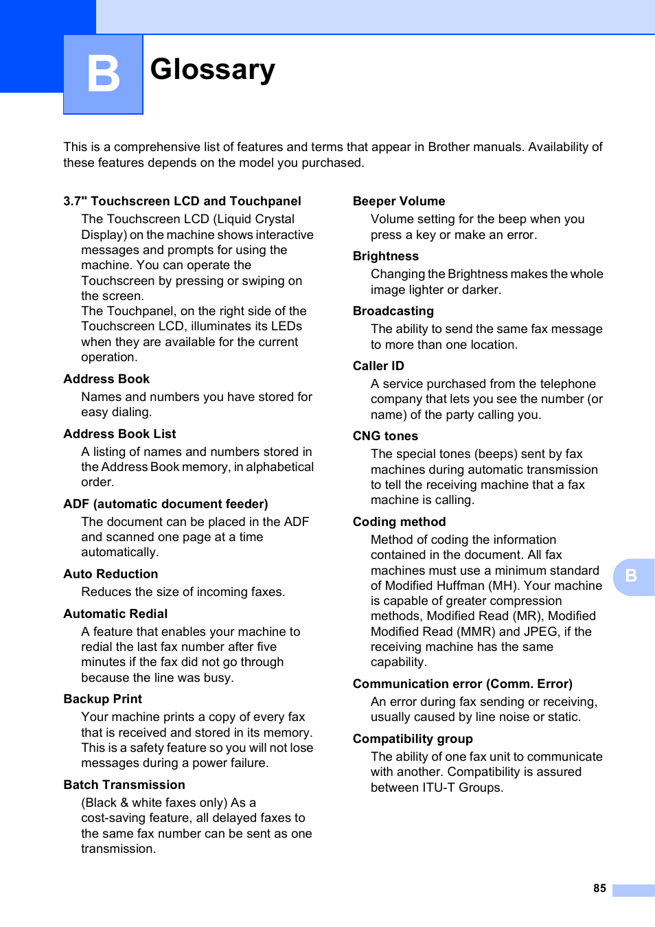 B glossary, Glossary | Brother MFC-J4510DW User Manual | Page 91 / 99