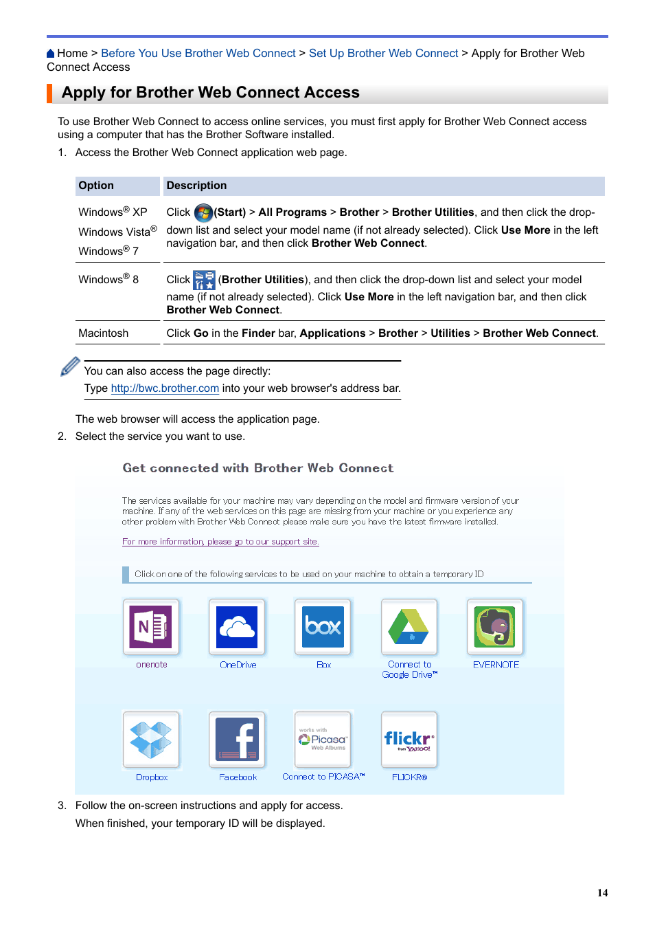 Apply for brother web connect access | Brother MFC-L8850CDW User Manual | Page 19 / 61