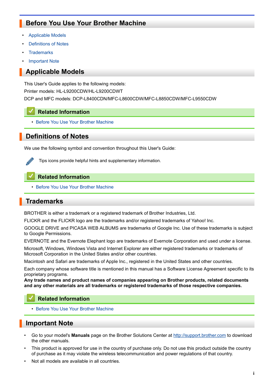 Before you use your brother machine, Applicable models, Definitions of notes | Trademarks, Important note | Brother MFC-L8850CDW User Manual | Page 2 / 61