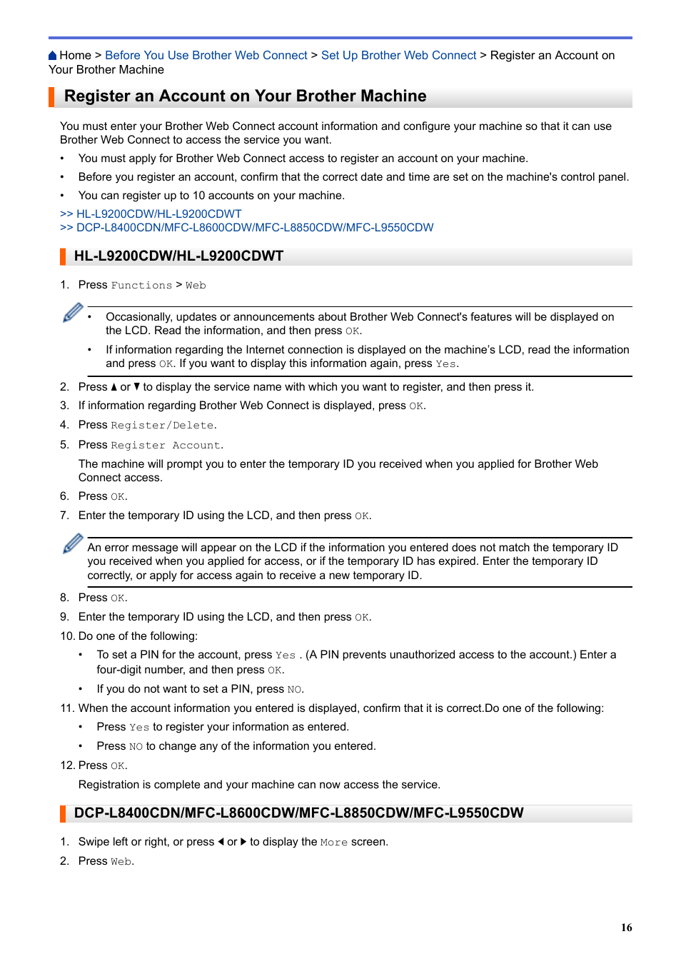 Register an account on your brother machine | Brother MFC-L8850CDW User Manual | Page 21 / 61
